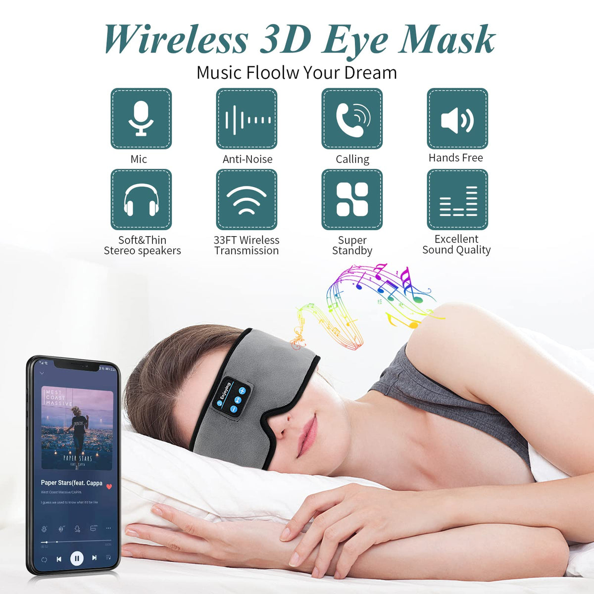 Wireless 3D Eye Mask Sleep Headphones Grey V741783