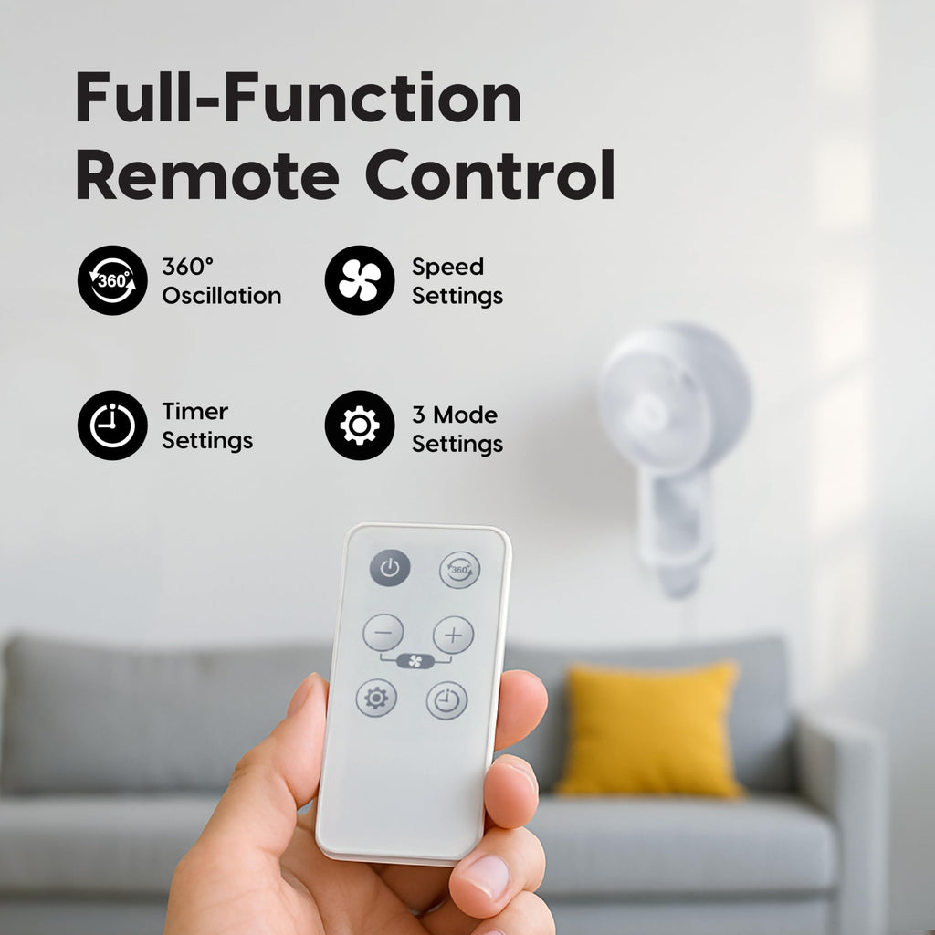 Wall Mount Fan with Remote, 360° Oscillation, 3 Speeds, White O2903