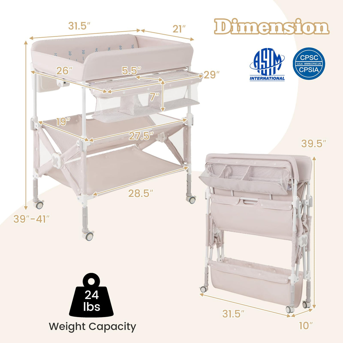 Portable Foldable Baby Changing Table with Wheels D164327