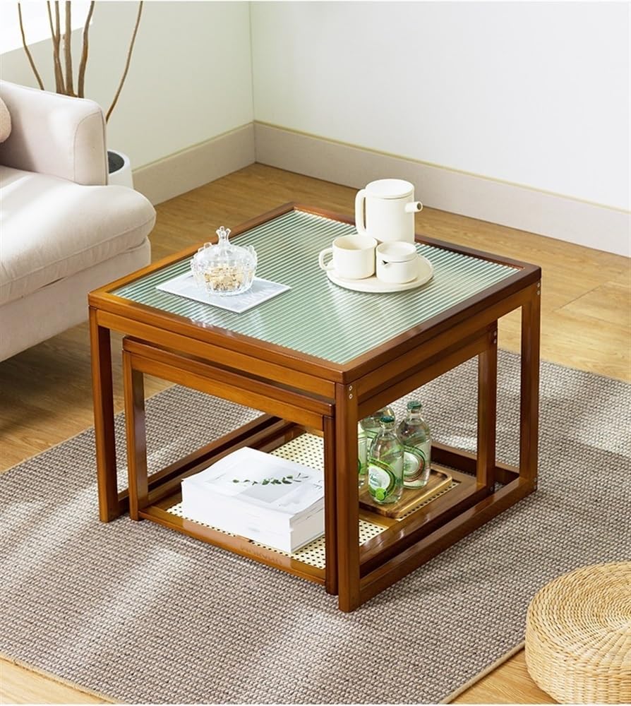 Nesting Coffee Tables Set of 2 Wooden Square Side Table with Tempered Glass Top E759