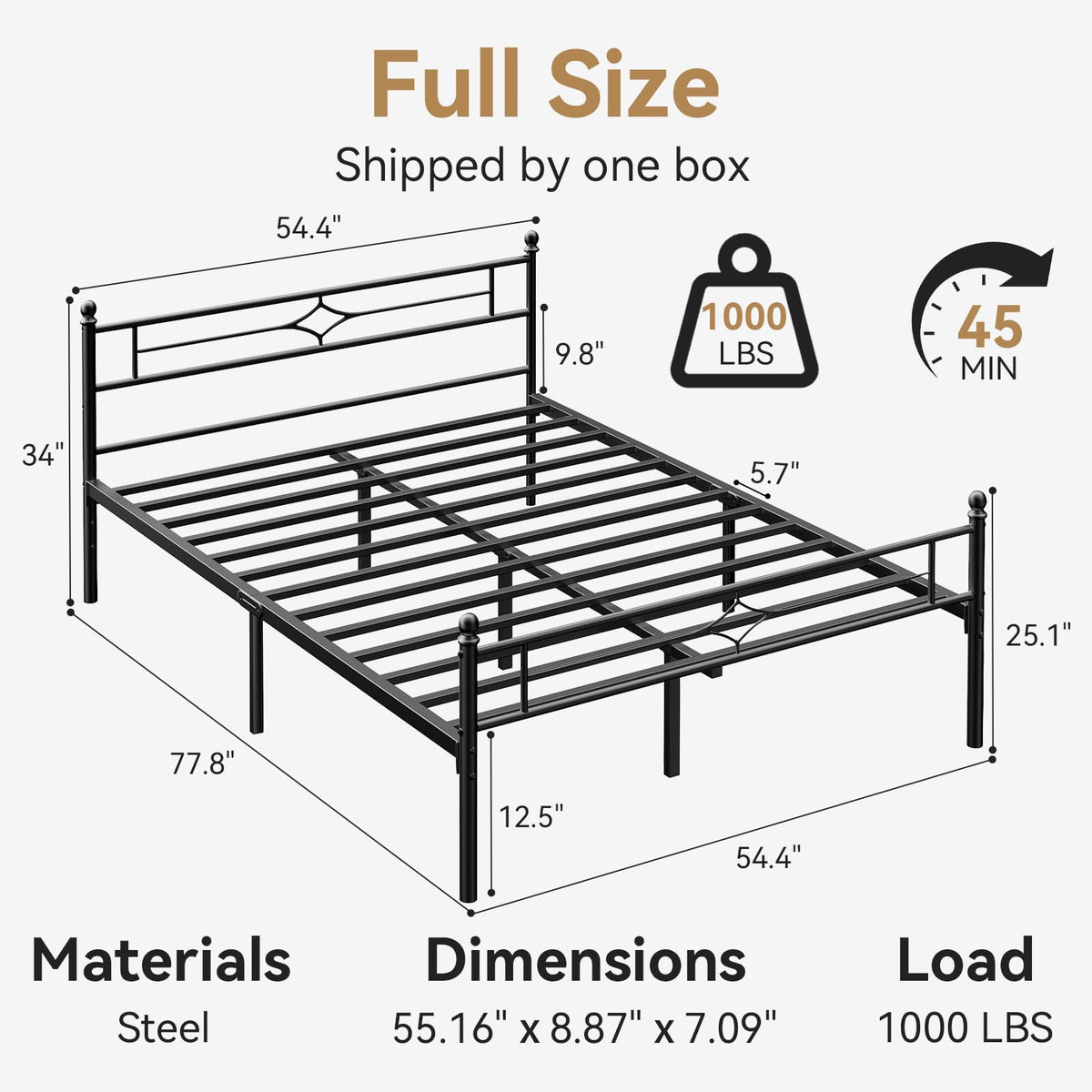 Full Size Black Metal Bed Frame with Headboard and Footboard N823988