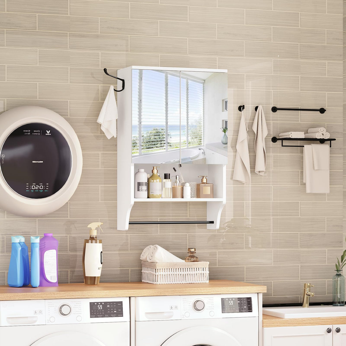 White Wall Mounted Bathroom Cabinet with Mirror and Adjustable Shelf K12951