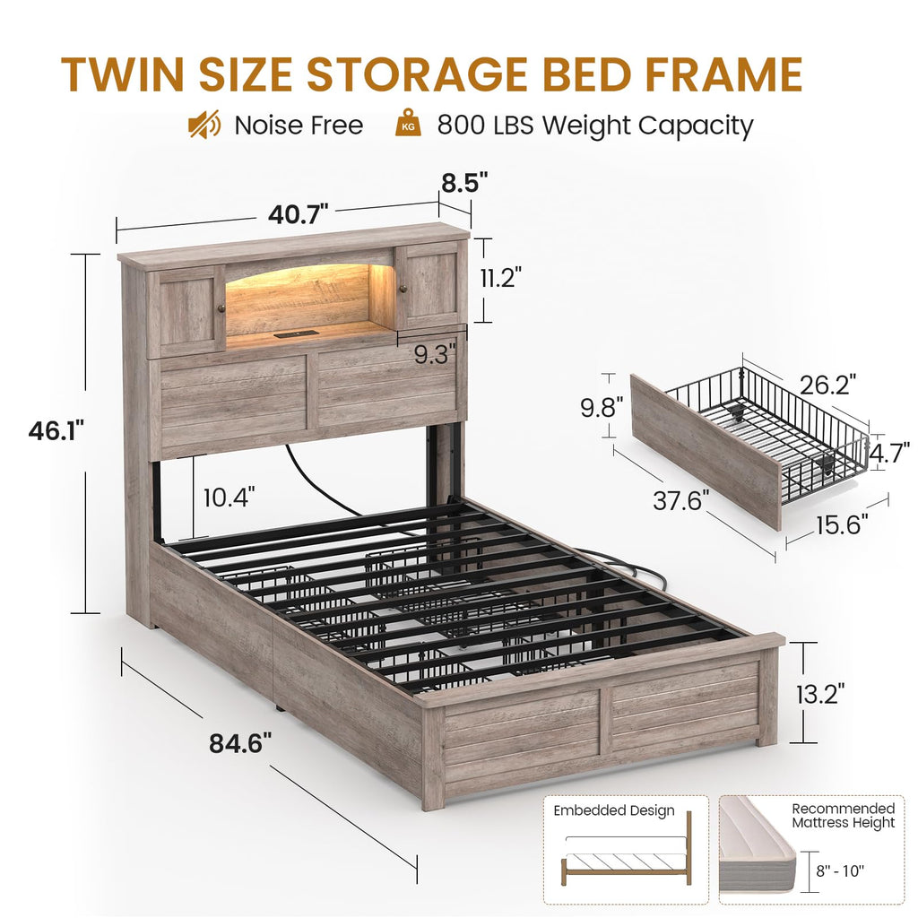 Twin Size Wood Platform Bed Frame with Bookcase Storage Headboard and 4 Drawers X9132