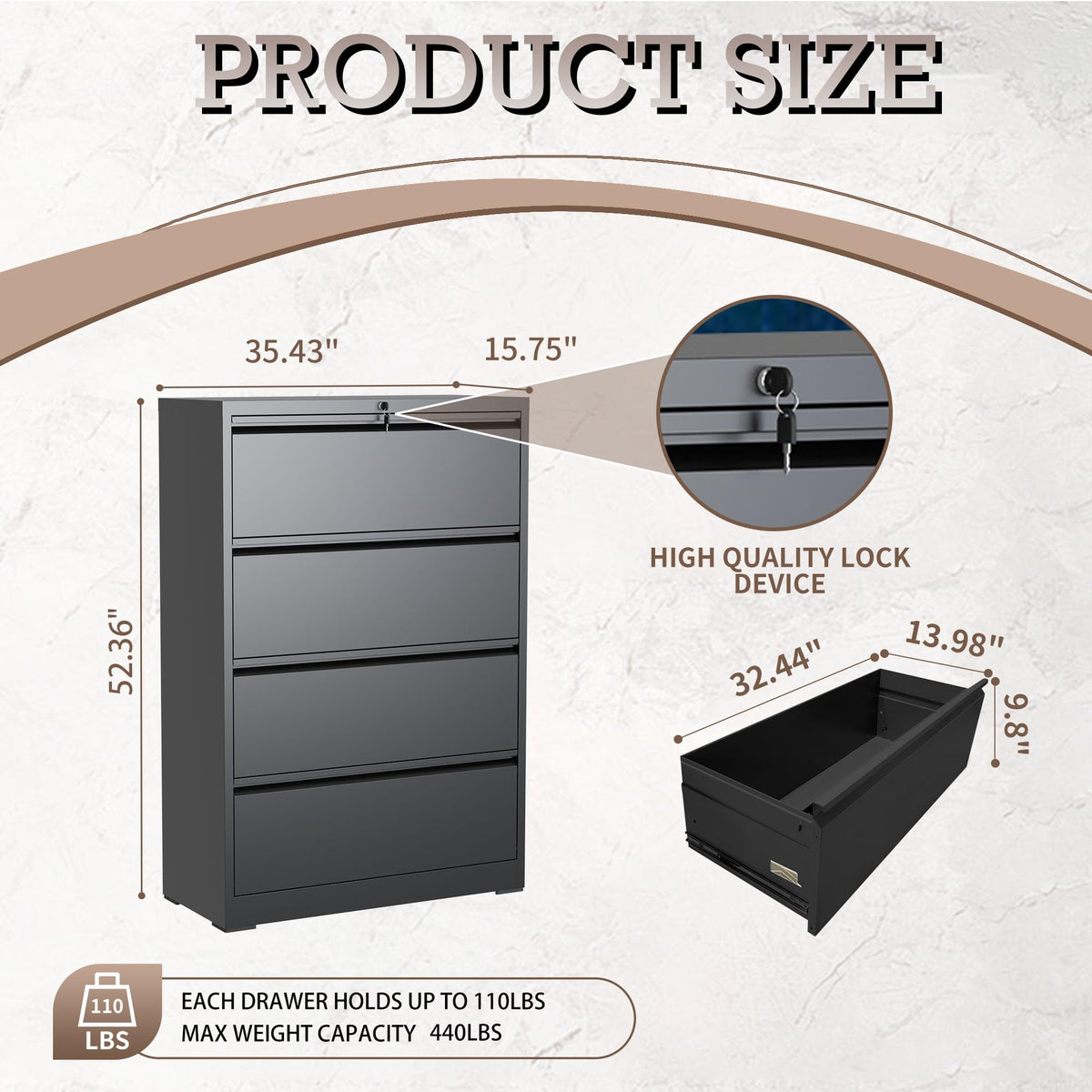 Black 4 Drawer Lateral File Cabinet with Lock E353