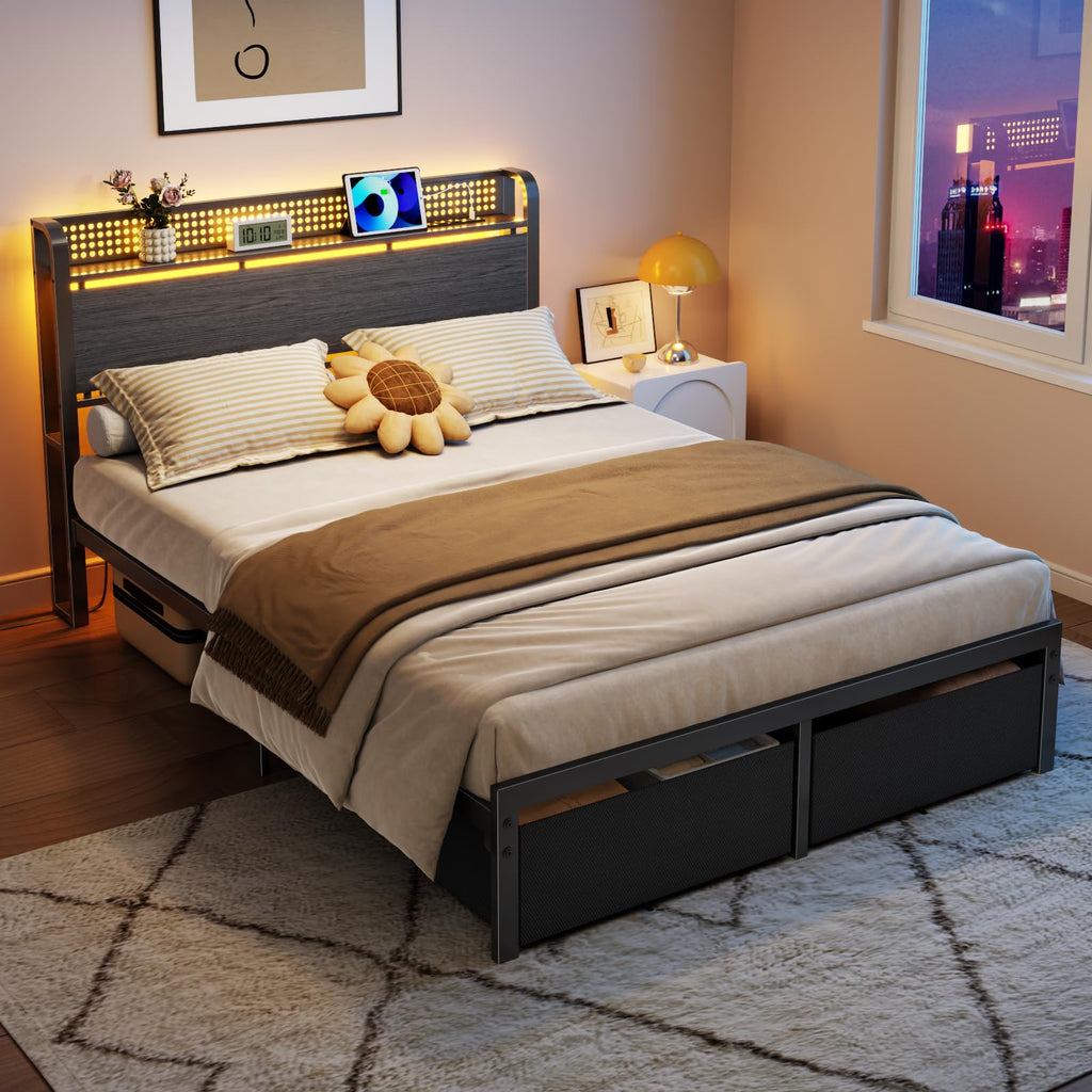 Full Size Bed Frame with Headboard, Charging Station, 2 Storage Drawers U9418
