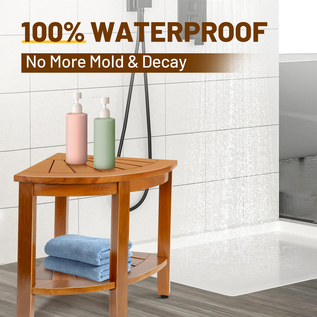 18" Teak Corner Shower Bench with Shelf Y4449