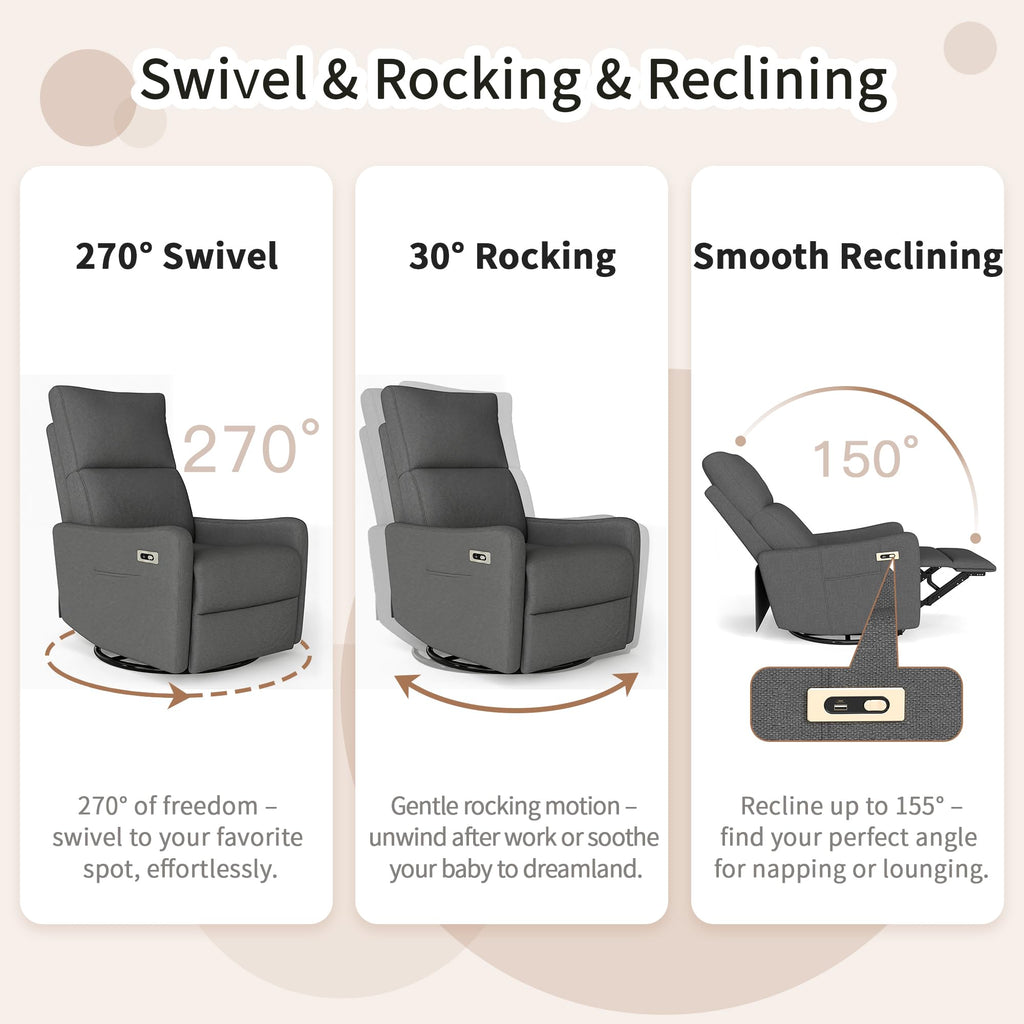 Light Brown Rubberwood Dark Gray Velvet Swivel Rocker Recliner Chair E215064