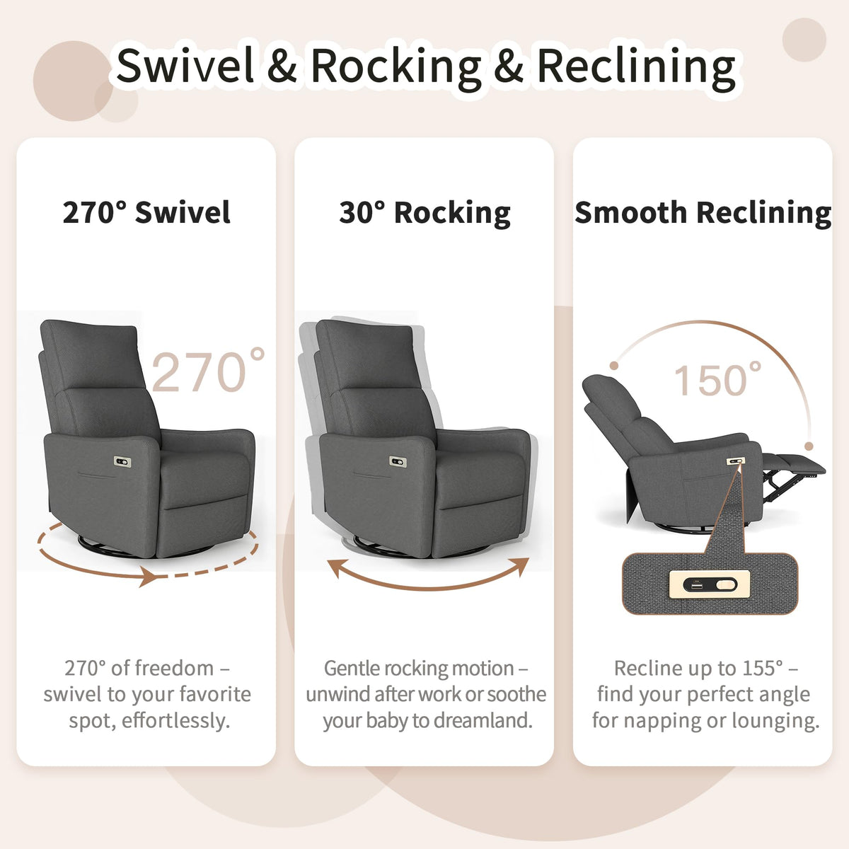 Light Brown Rubberwood Dark Gray Velvet Swivel Rocker Recliner Chair E215064