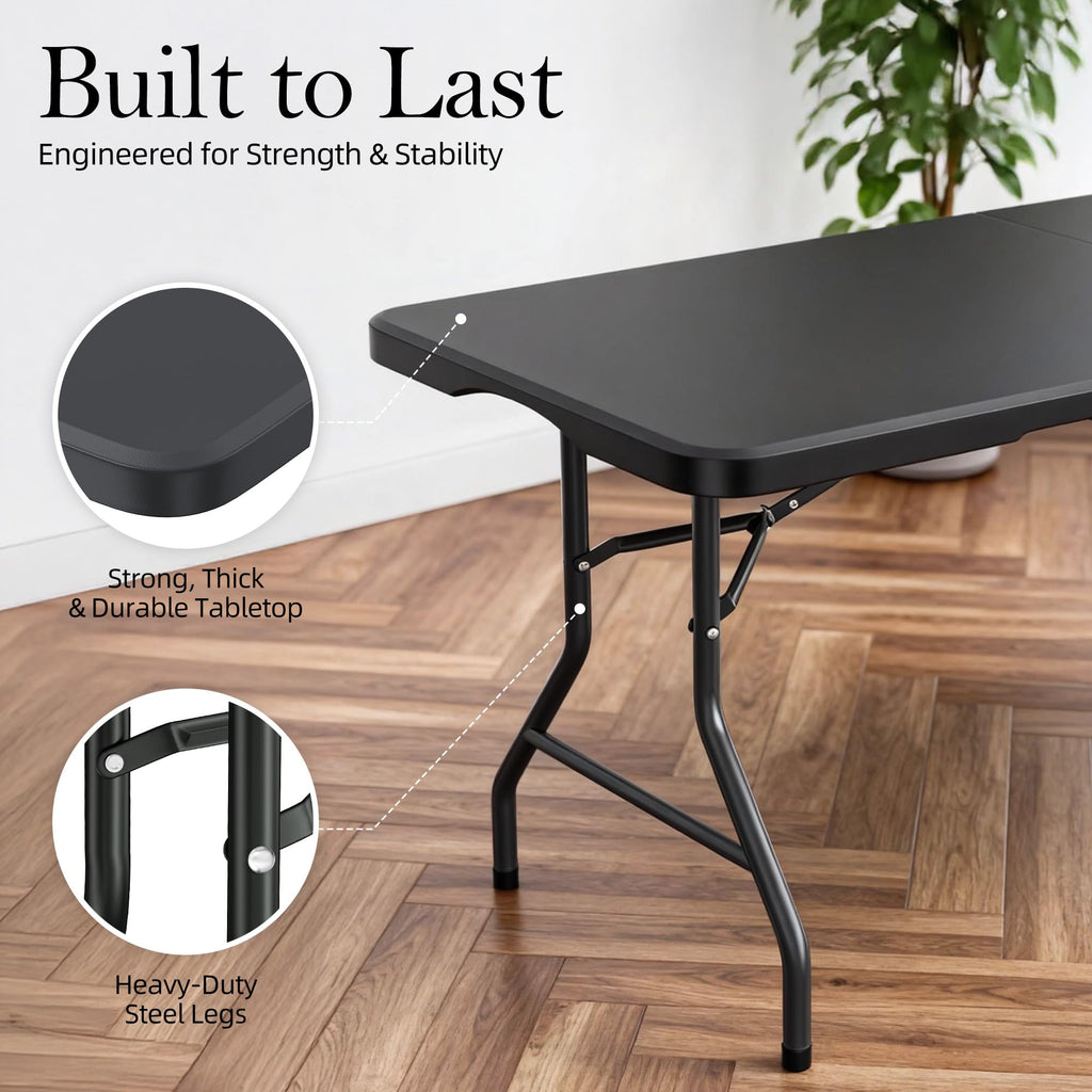6FT Black Plastic Folding Table with Carrying Handle W86477