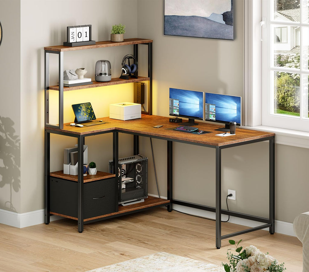 46 Inch Reversible Computer Desk with LED Light & Power Outlet F993
