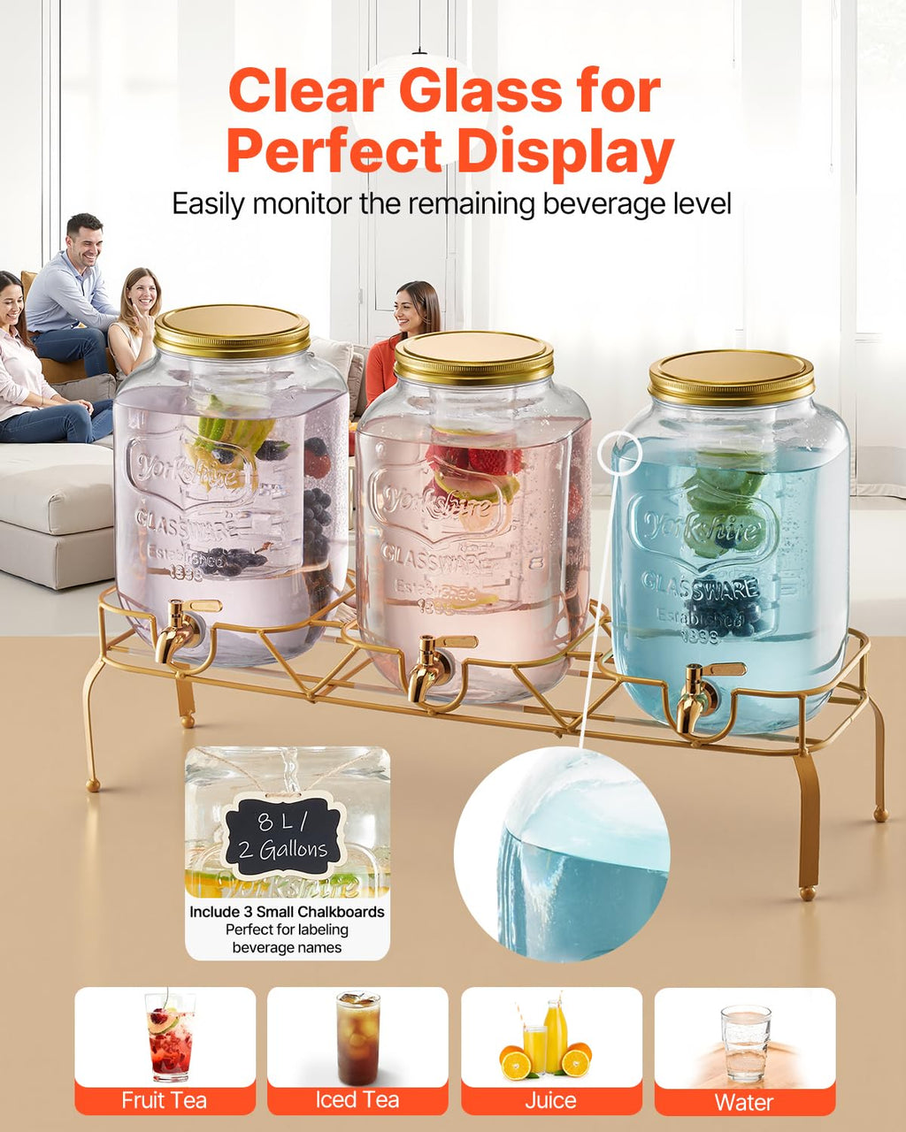 3 Pack 2 Gallon Glass Beverage Dispenser with Metal Stand O47889
