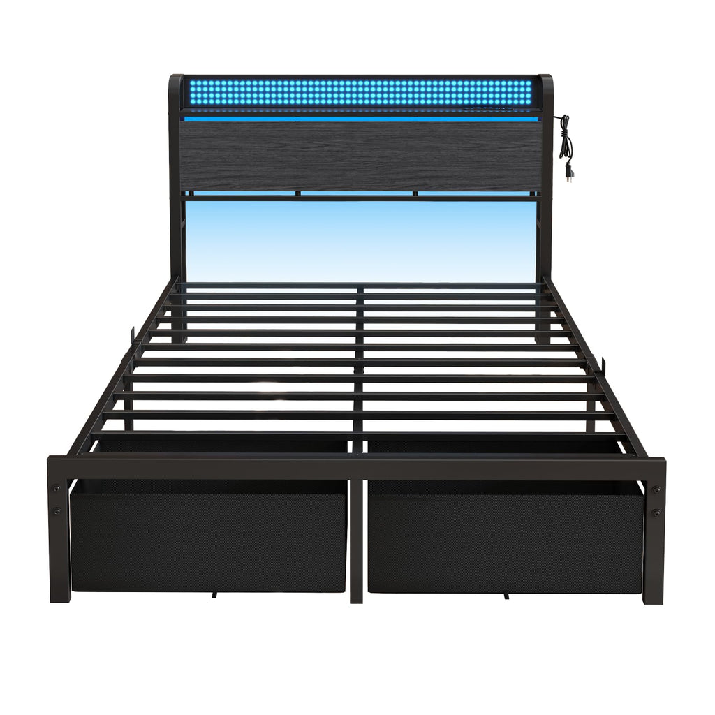 Full Size Bed Frame with Headboard, Charging Station, 2 Storage Drawers U9418
