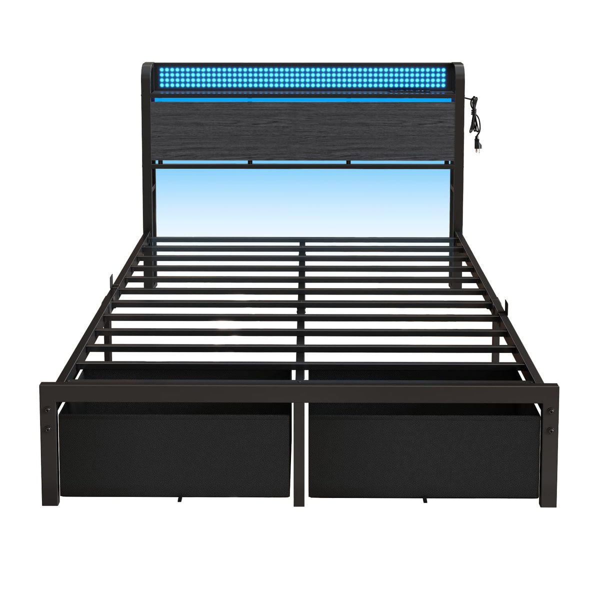Full Size Bed Frame with Headboard, Charging Station, 2 Storage Drawers U9418
