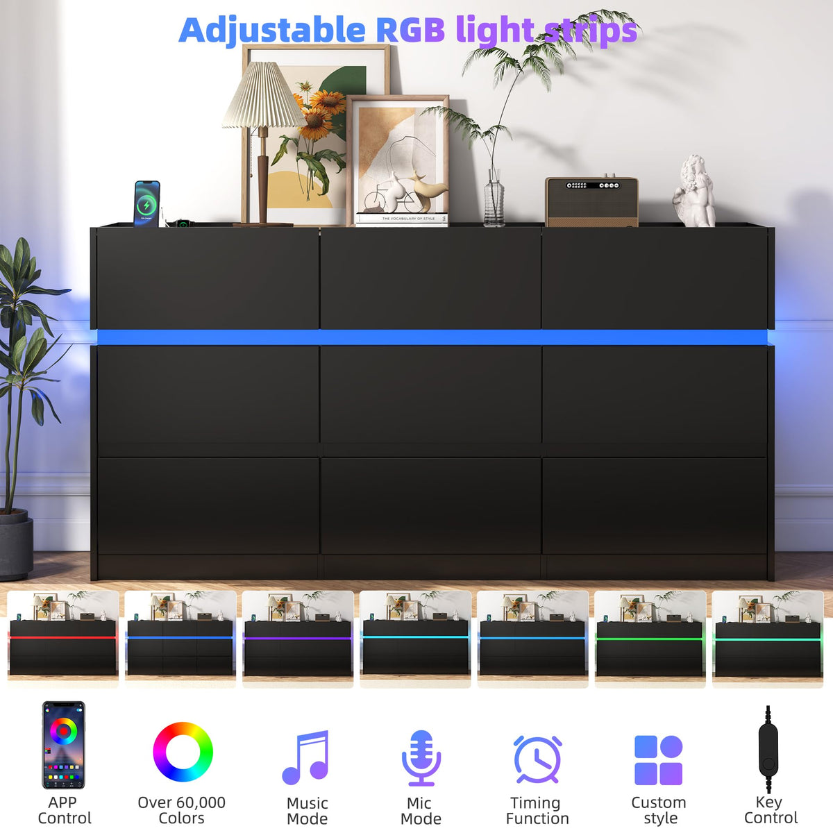 Black 9 Drawer Dresser with Charging Station and LED Lights L85967