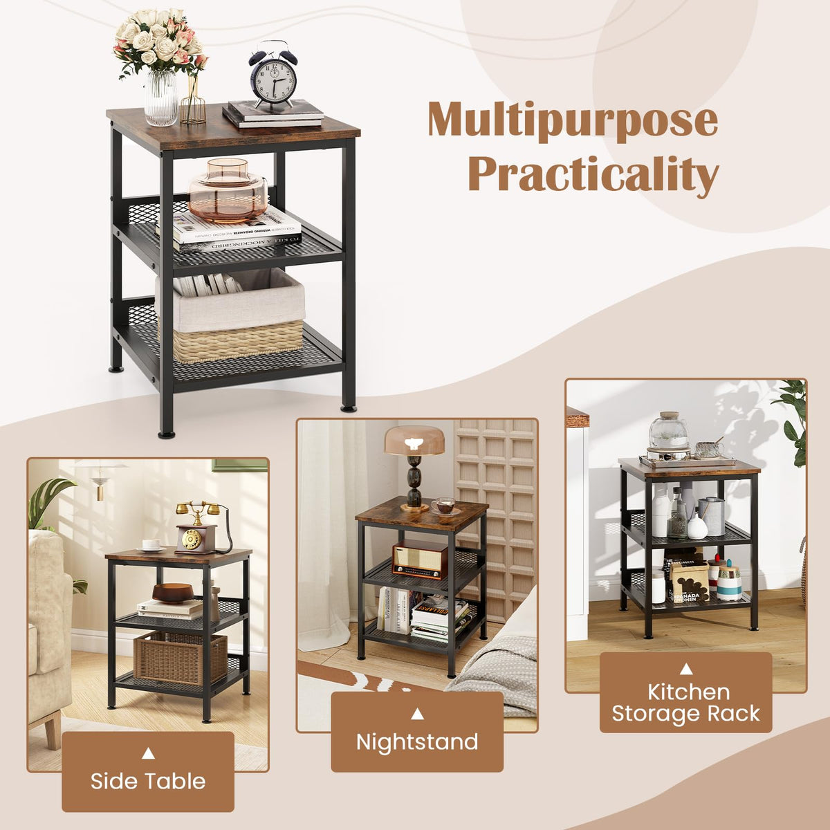 3-Tier End Table Set of 2 with Mesh Storage Shelves A2317