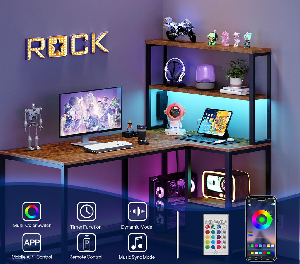 46 Inch Reversible Computer Desk with LED Light & Power Outlet F993