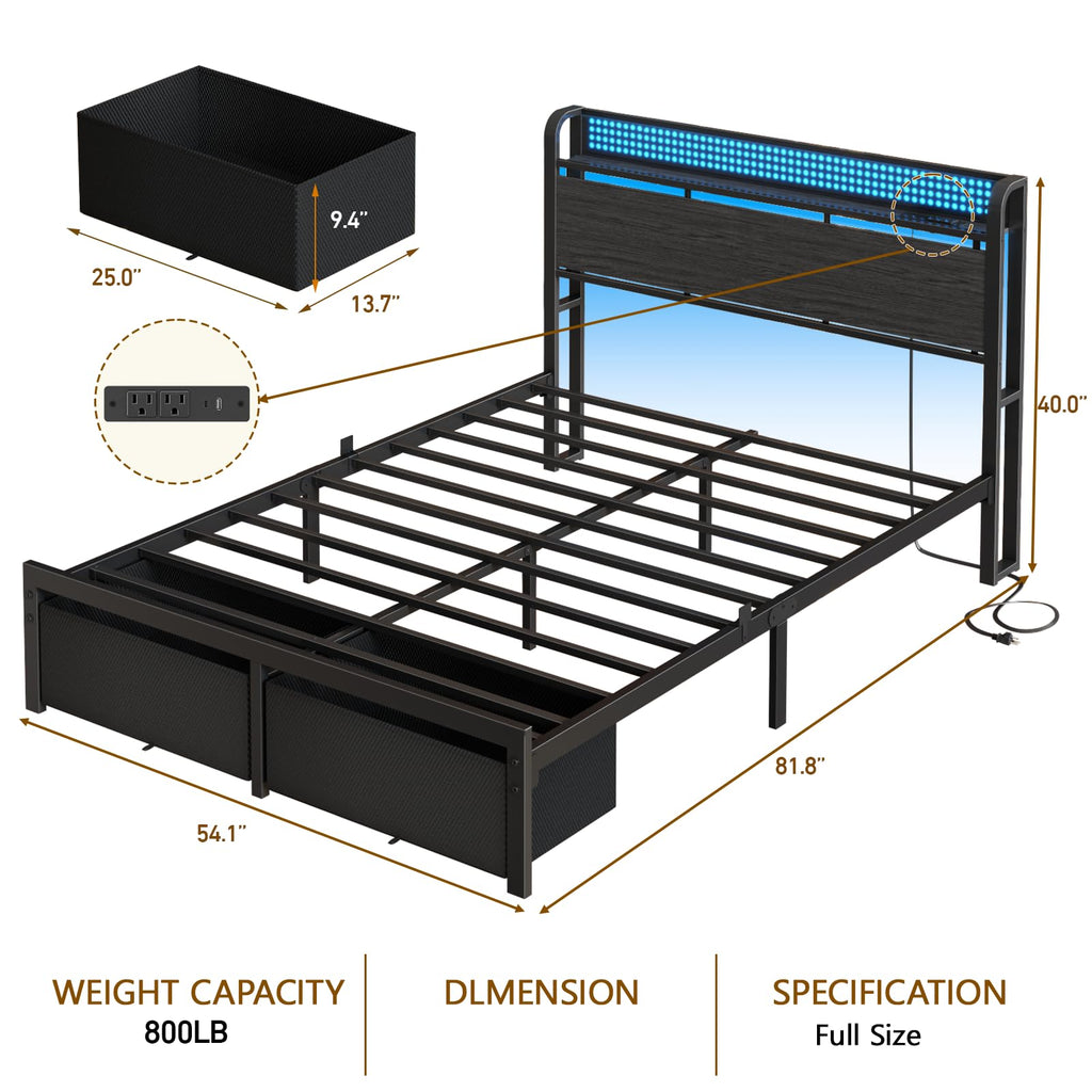 Full Size Bed Frame with Headboard, Charging Station, 2 Storage Drawers U9418
