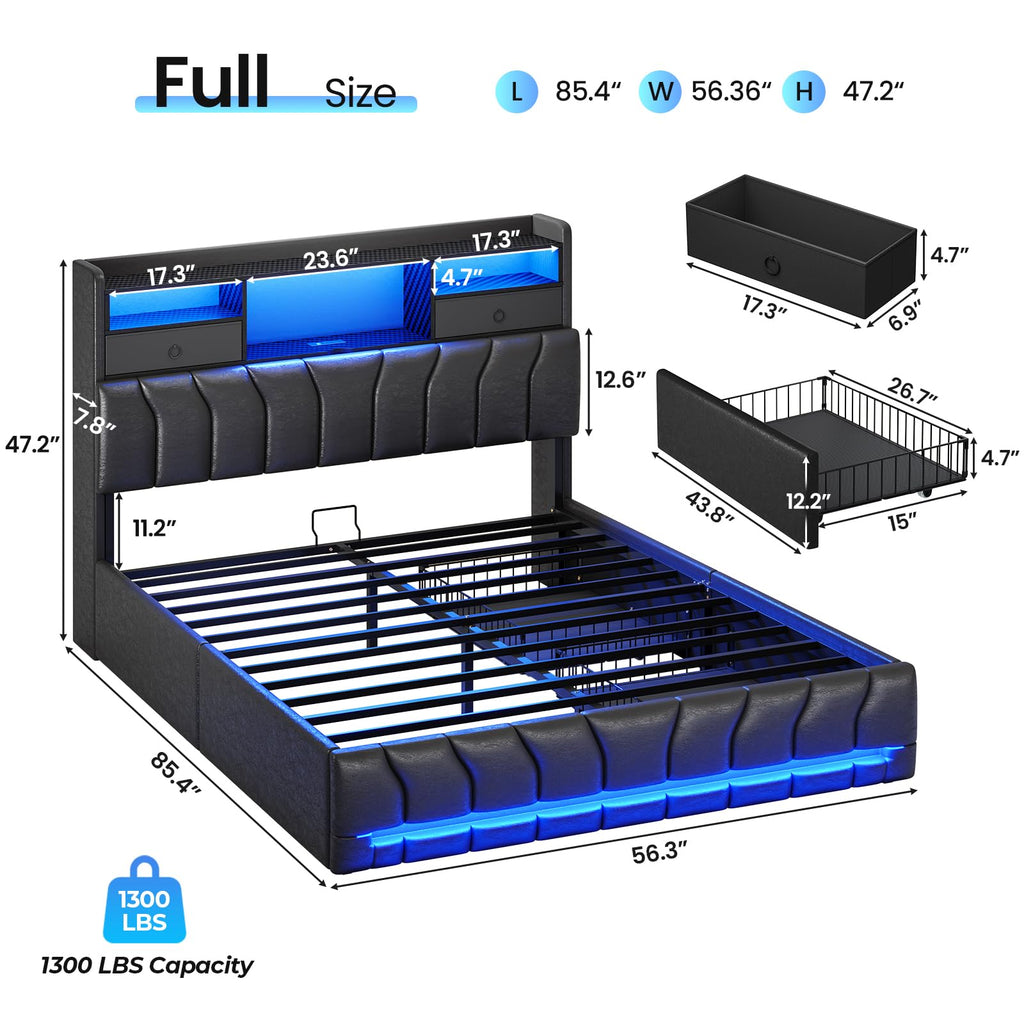 Full Bed Frame with Storage Headboard and 2 Drawers, RGB Lights, Black E764338
