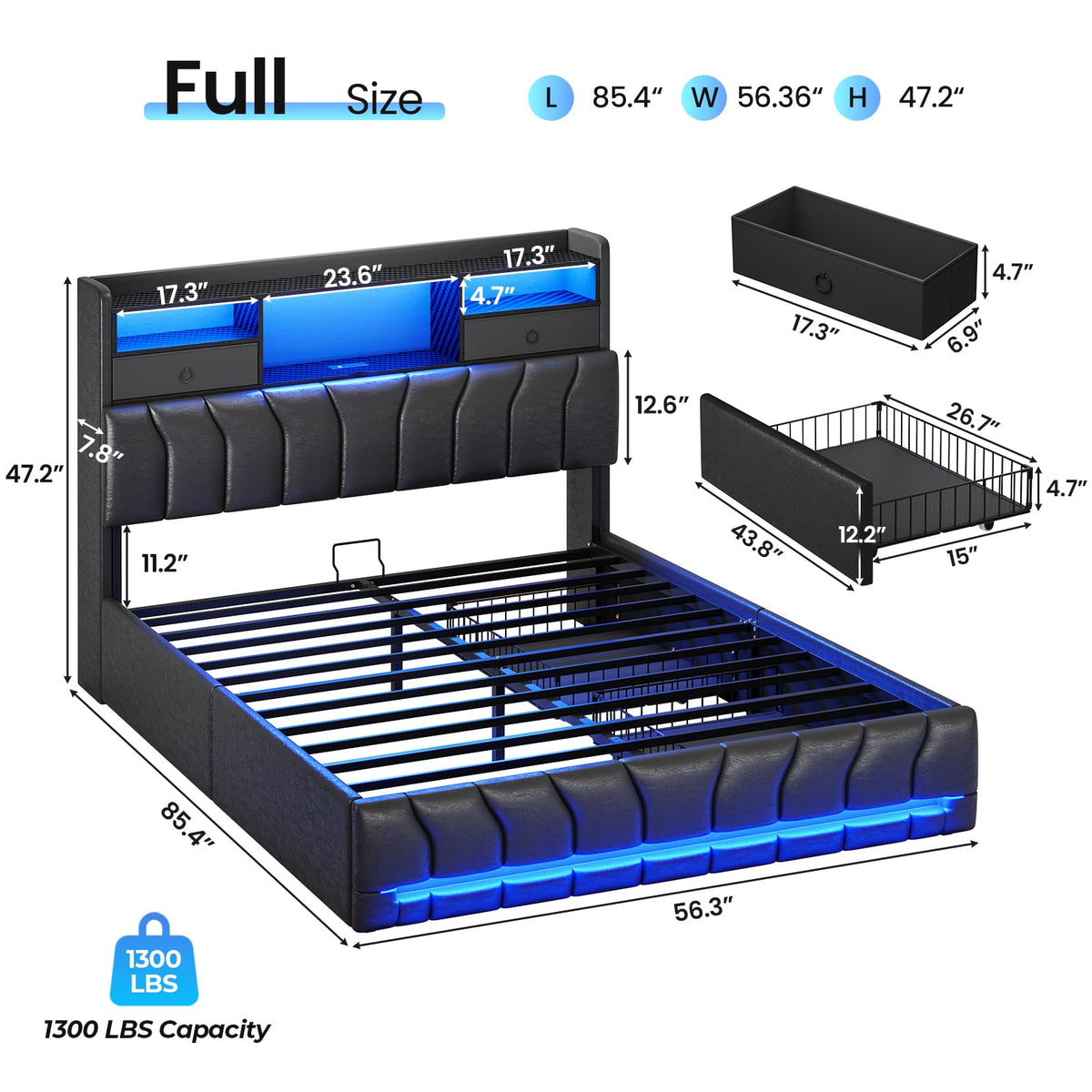 Full Bed Frame with Storage Headboard and 2 Drawers, RGB Lights, Black E764338