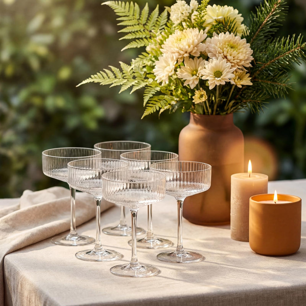 Set of 6 8 oz Clear Ribbed Coupe Glasses Y698