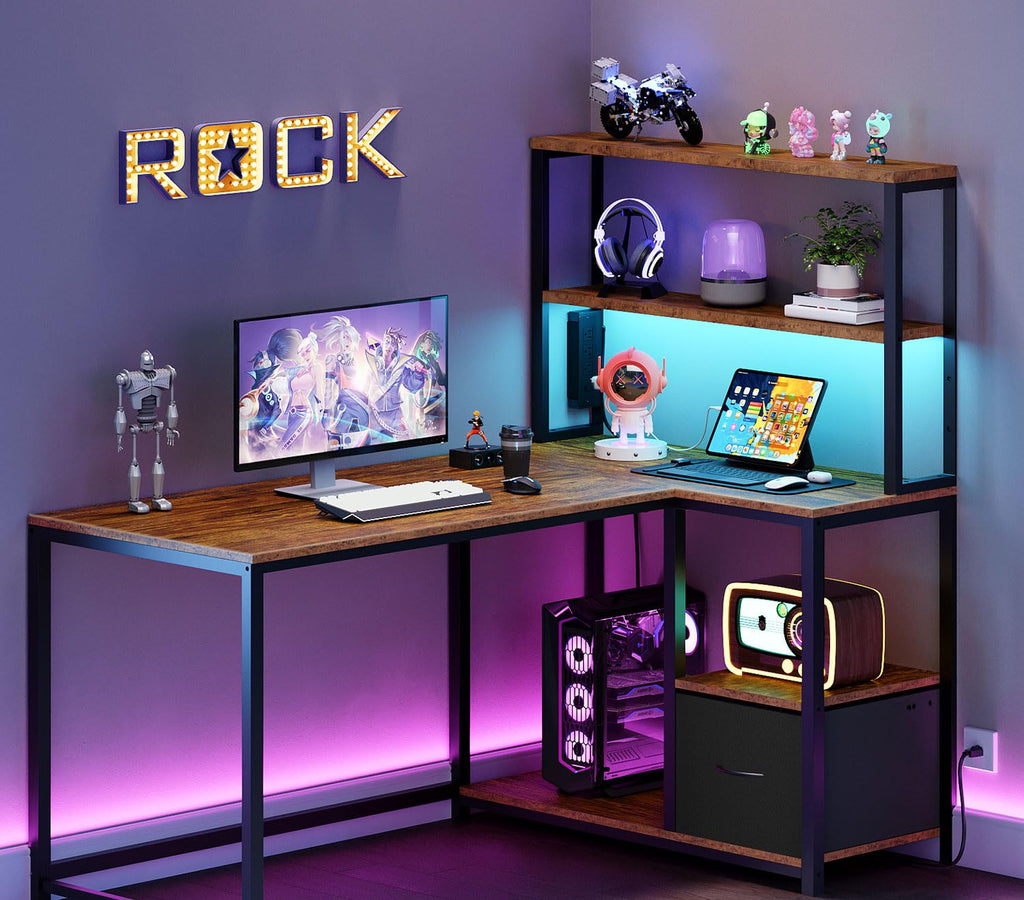 46 Inch Reversible Computer Desk with LED Light & Power Outlet F993