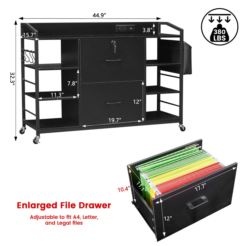 45" Black 2 Drawer File Cabinet with Lock and Power Outlet Y643