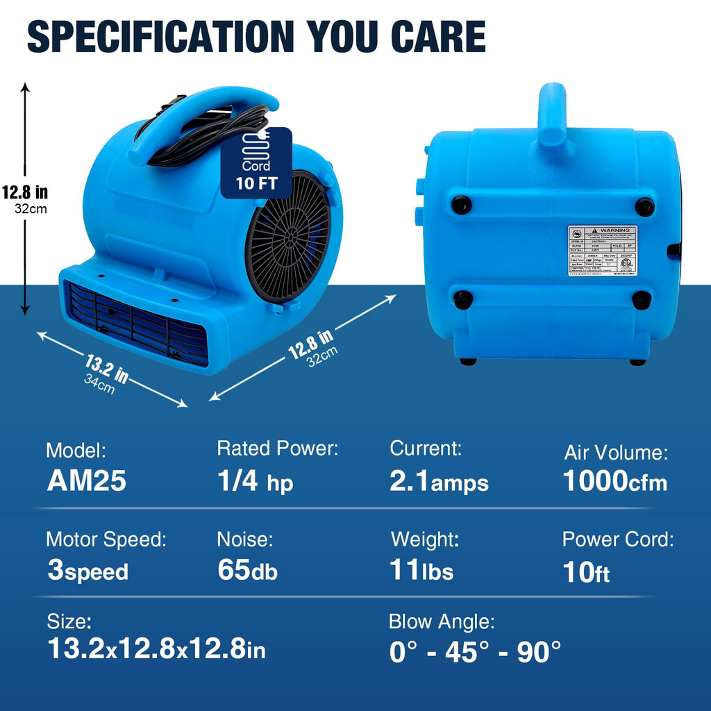 1/4hp 1000CFM 2 Speed Air Mover Floor Fan L95741