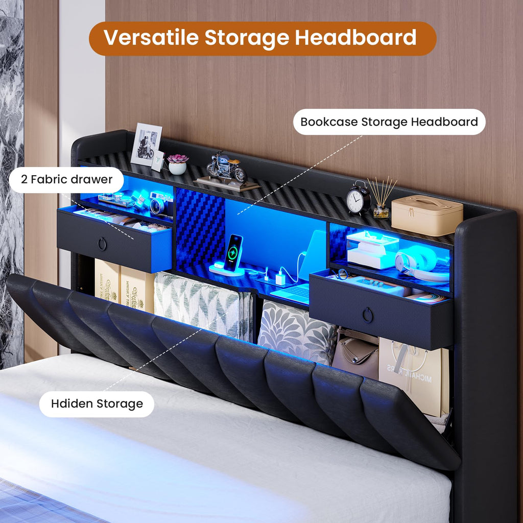 Full Bed Frame with Storage Headboard and 2 Drawers, RGB Lights, Black E764338