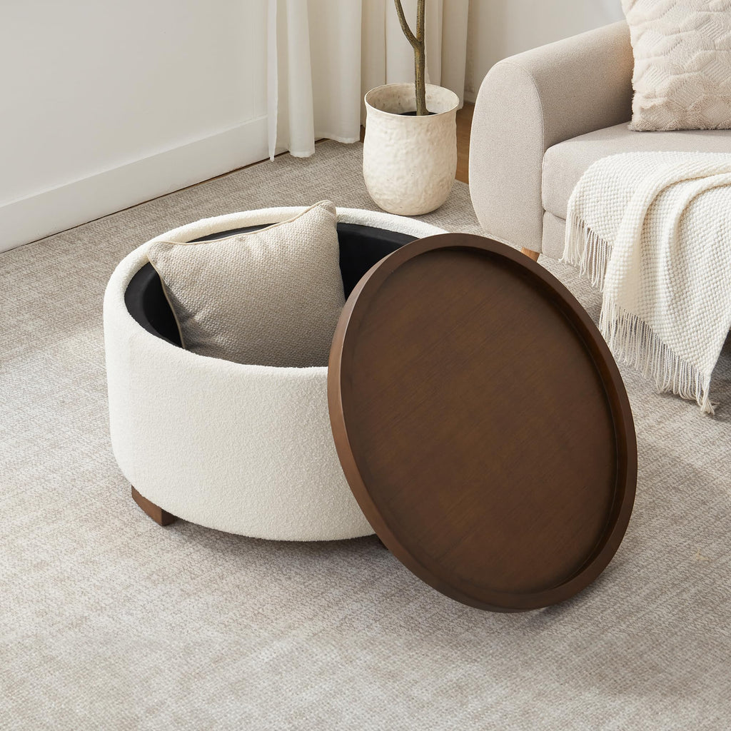 30 Inch Round Boucle Storage Ottoman H6444