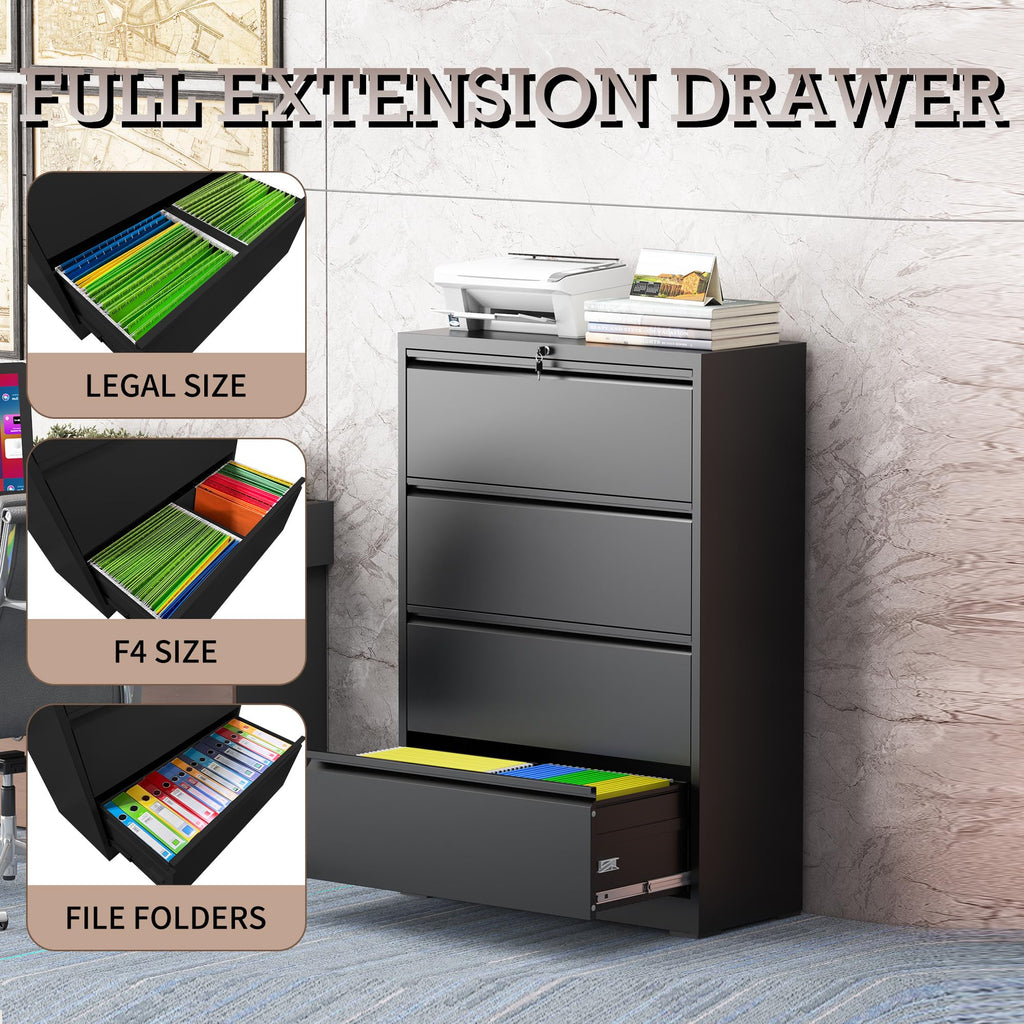 Black 4 Drawer Lateral File Cabinet with Lock E353