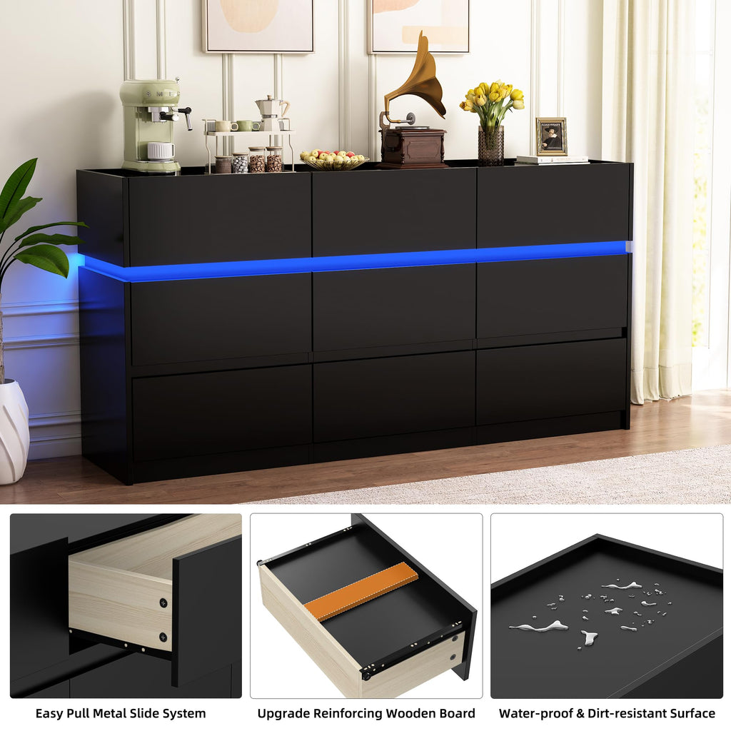 Black 9 Drawer Dresser with Charging Station and LED Lights L85967