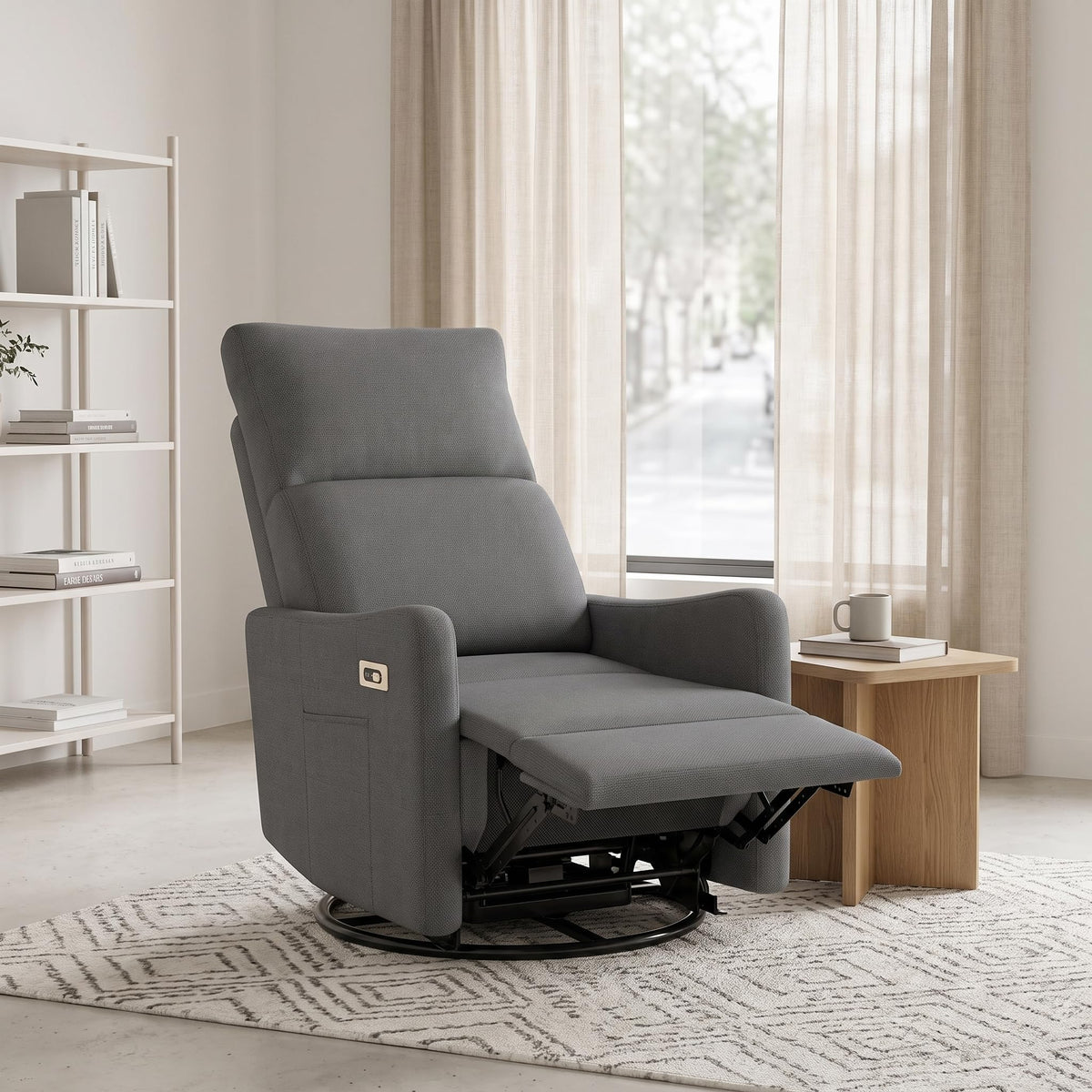 Light Brown Rubberwood Dark Gray Velvet Swivel Rocker Recliner Chair E215064