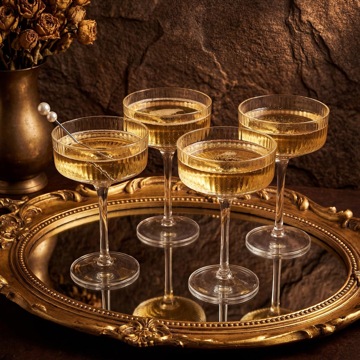 Set of 6 8 oz Clear Ribbed Coupe Glasses Y698