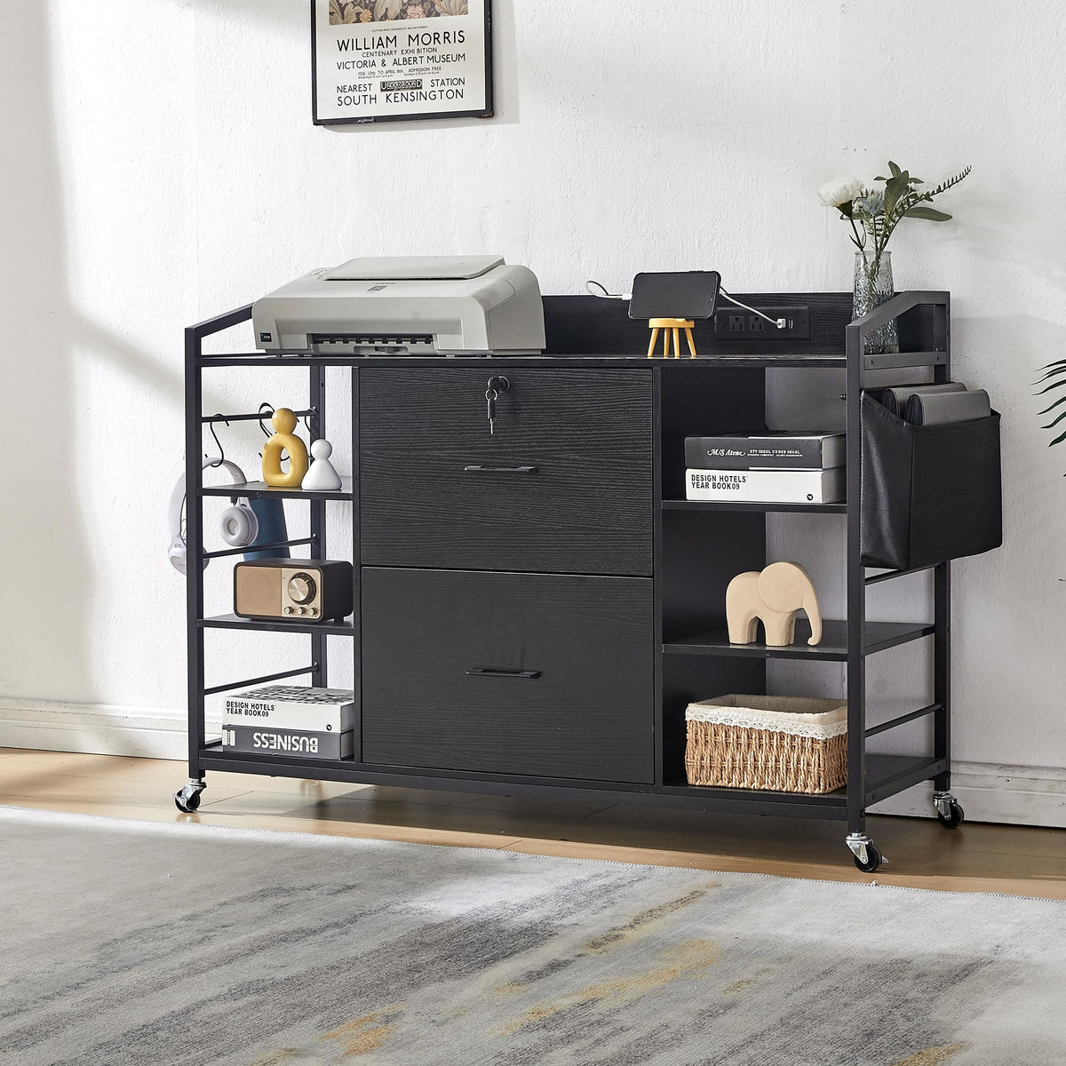 45" Black 2 Drawer File Cabinet with Lock and Power Outlet Y643