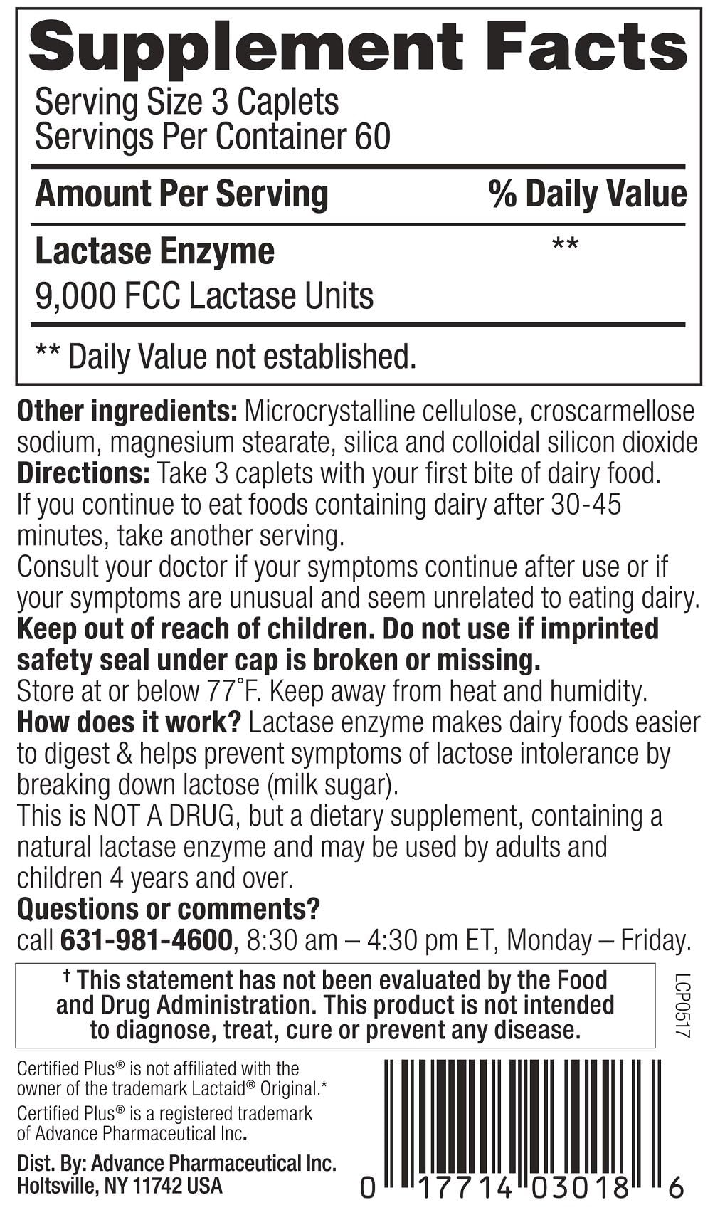 Lactase Enzyme 180 Caplets N963