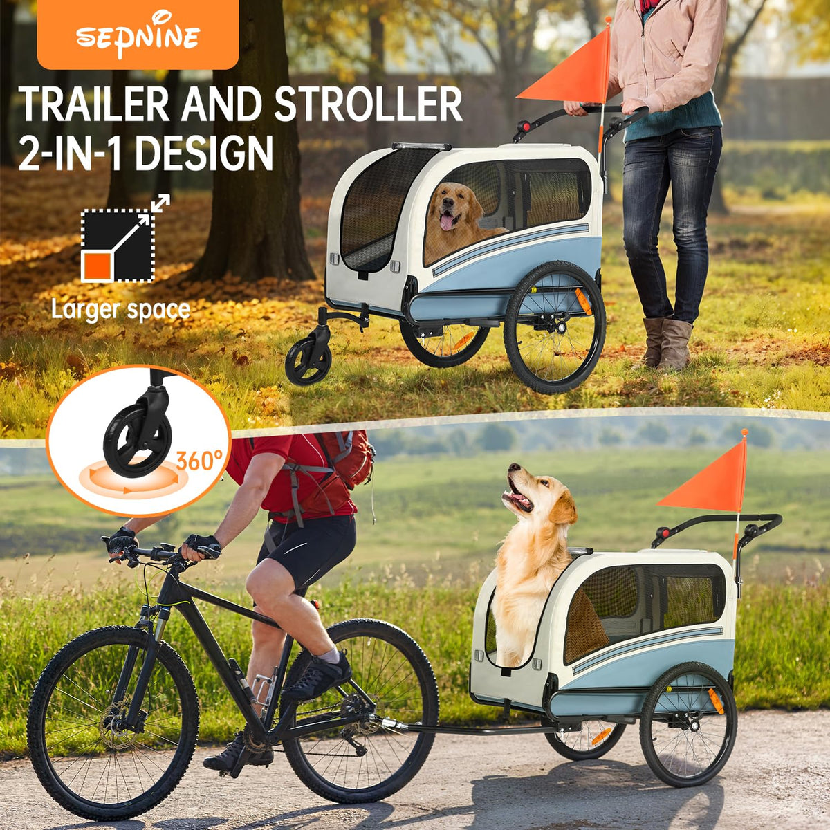 Dog Bike Trailer, 2-in-1 Pet Stroller Cart Bicycle Carrier, Folding with Quick Release Wheels I3190