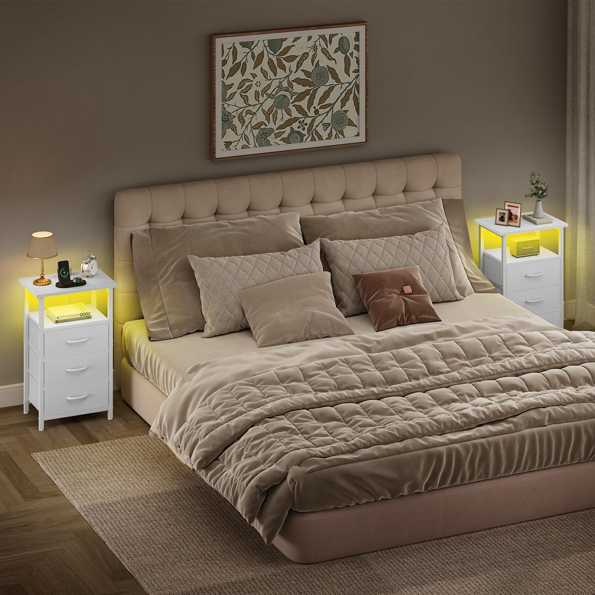 White Nightstand with Charging Station and 3 Fabric Drawers I870