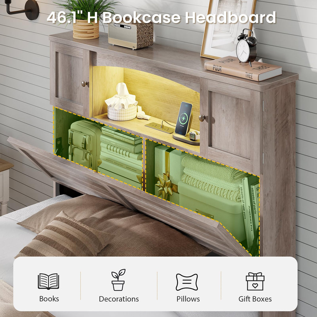 Twin Size Wood Platform Bed Frame with Bookcase Storage Headboard and 4 Drawers X9132