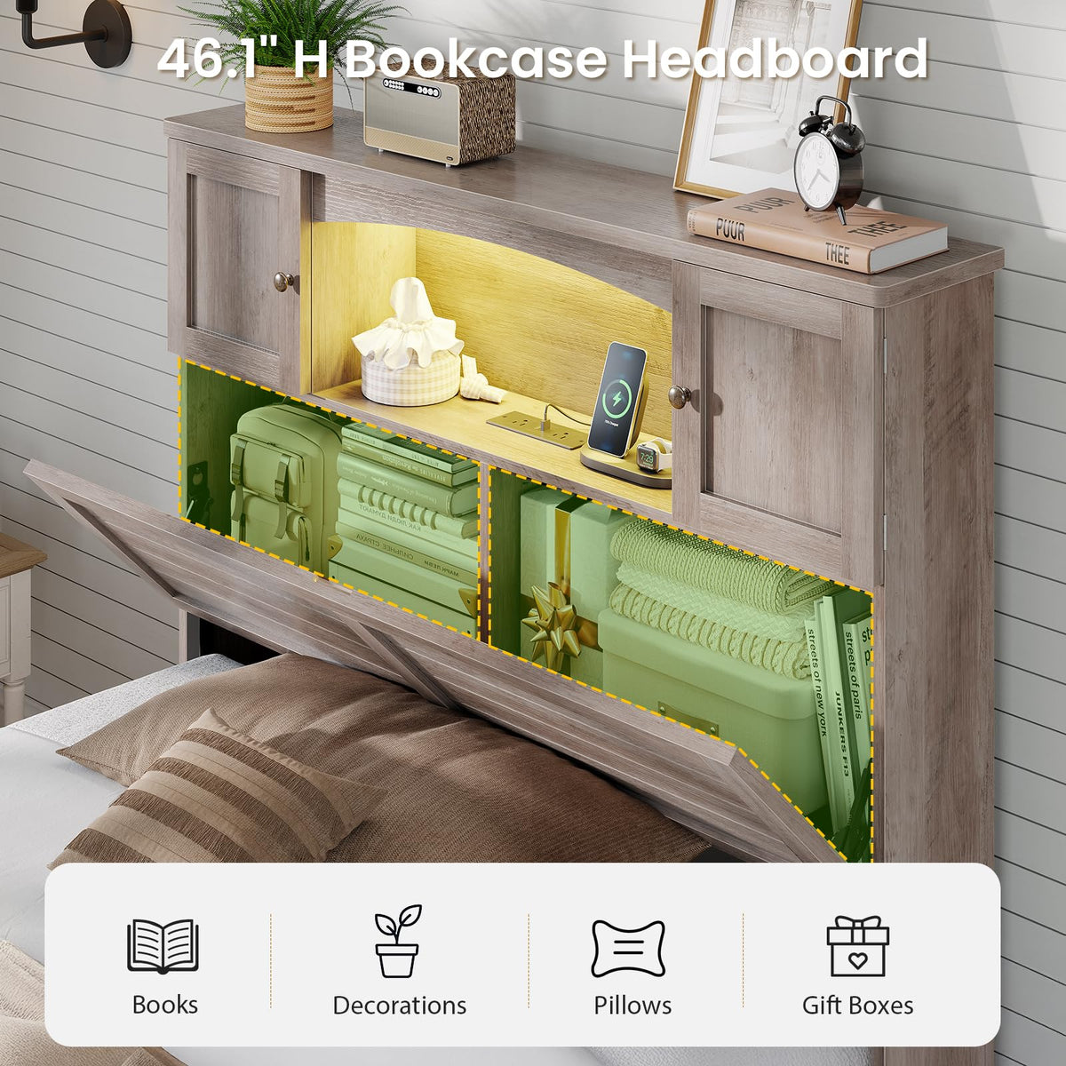 Twin Size Wood Platform Bed Frame with Bookcase Storage Headboard and 4 Drawers X9132