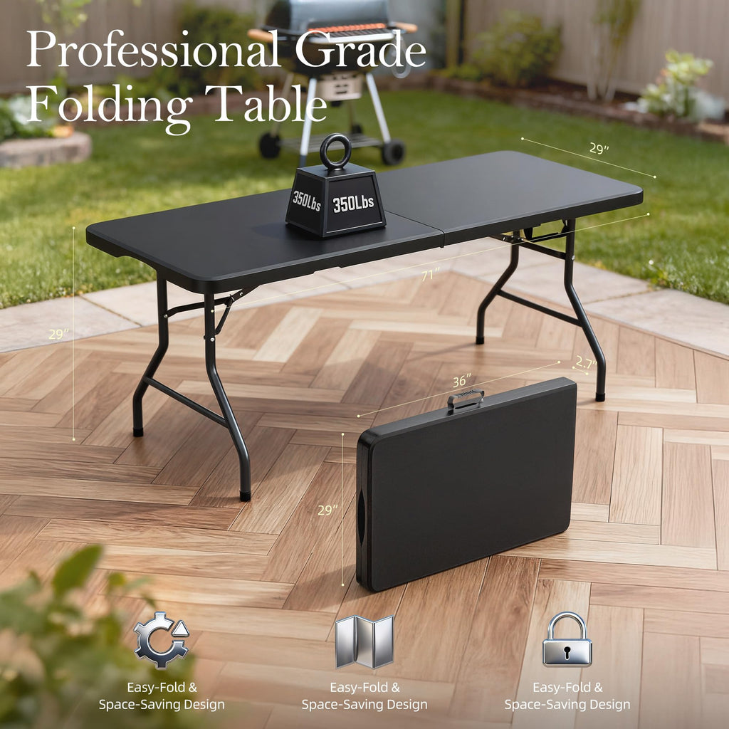 6FT Black Plastic Folding Table with Carrying Handle W86477