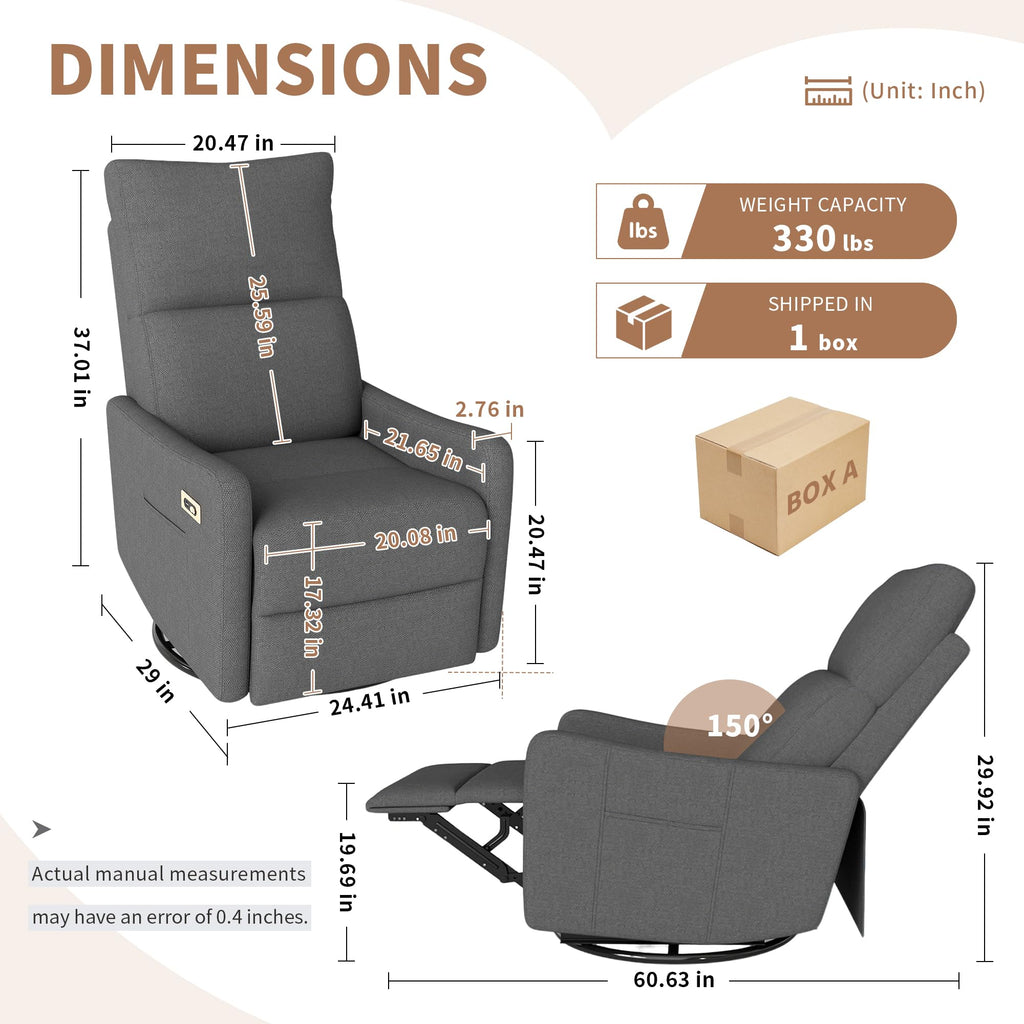 Light Brown Rubberwood Dark Gray Velvet Swivel Rocker Recliner Chair E215064