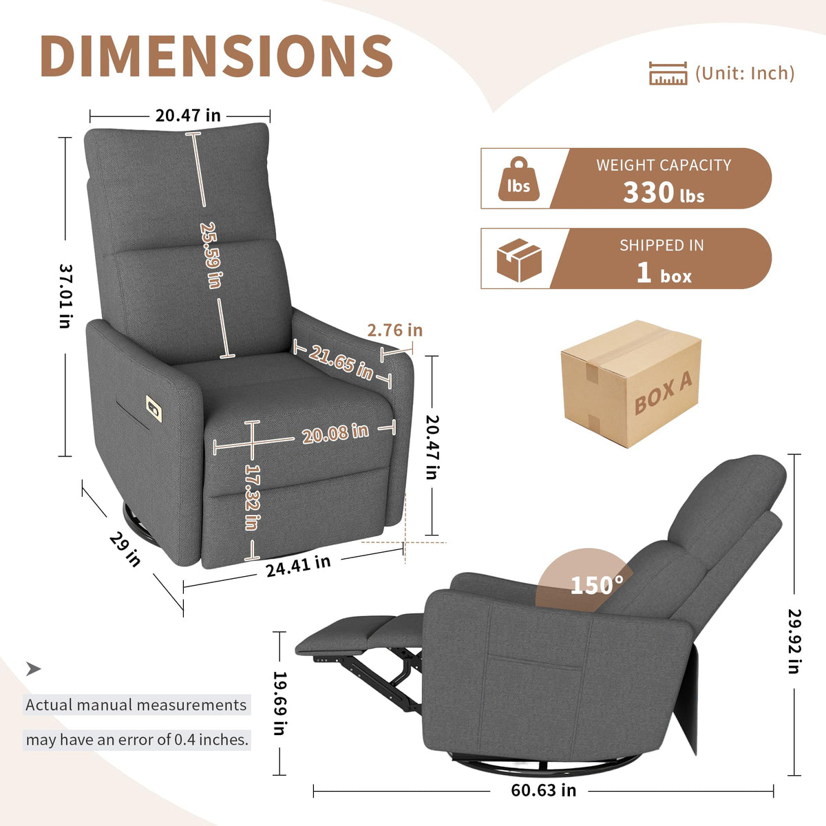Light Brown Rubberwood Dark Gray Velvet Swivel Rocker Recliner Chair E215064