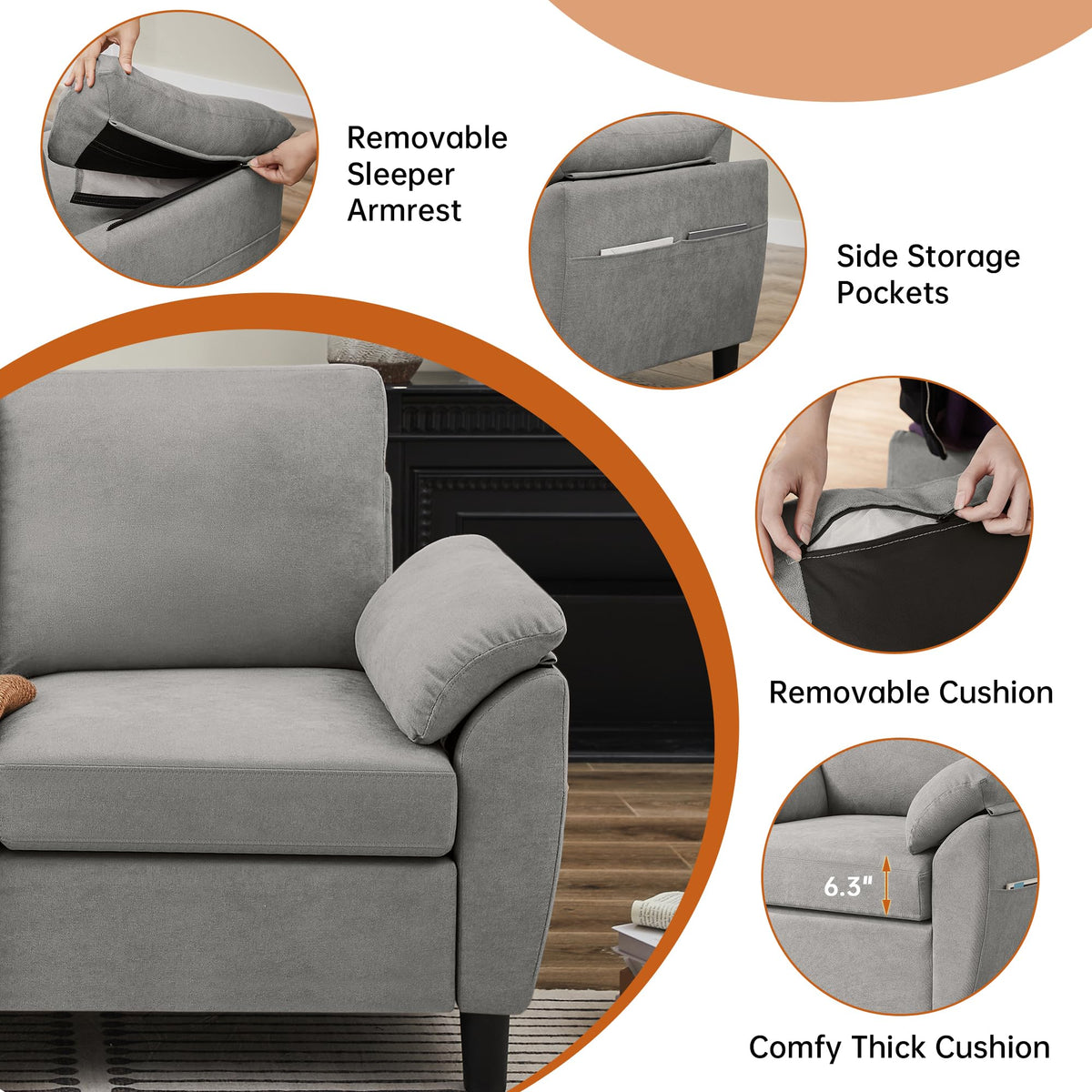 Light Grey Linen Loveseat Sofa with Side Pocket H77549
