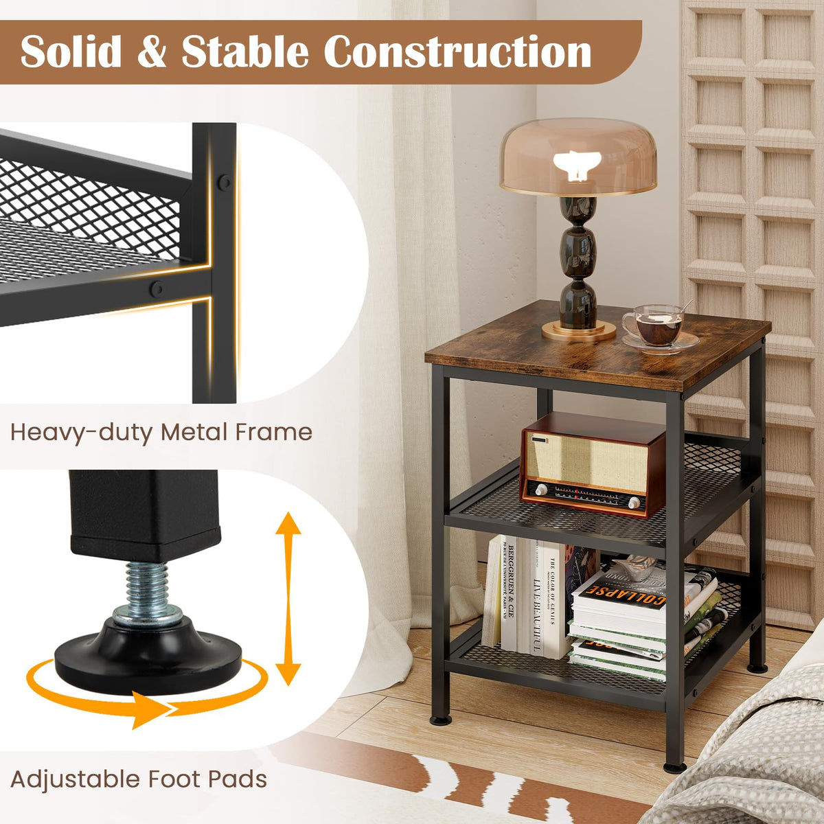 3-Tier End Table Set of 2 with Mesh Storage Shelves A2317