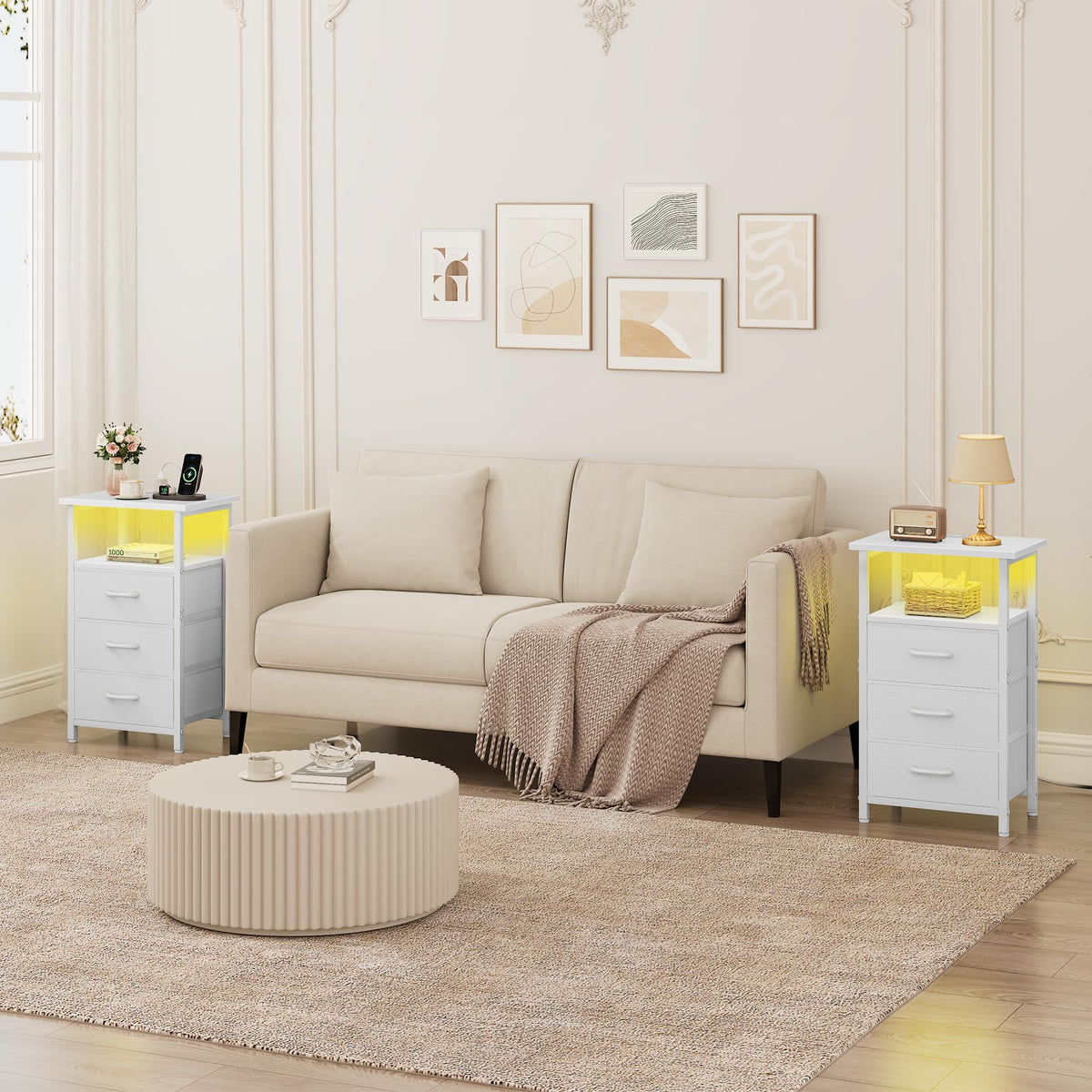 White Nightstand with Charging Station and 3 Fabric Drawers I870