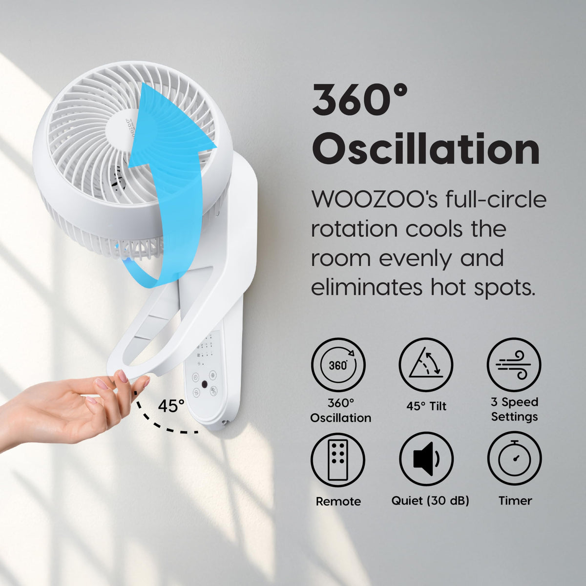 Wall Mount Fan with Remote, 360° Oscillation, 3 Speeds, White O2903