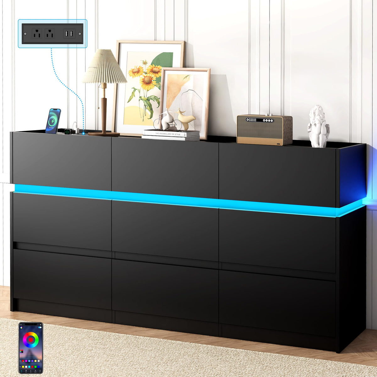 Black 9 Drawer Dresser with Charging Station and LED Lights L85967