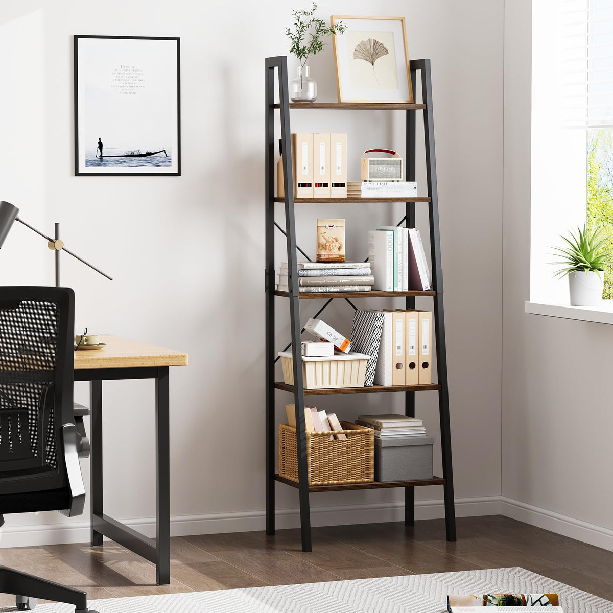5-Tier Ladder Bookshelf with Metal Frame M957863