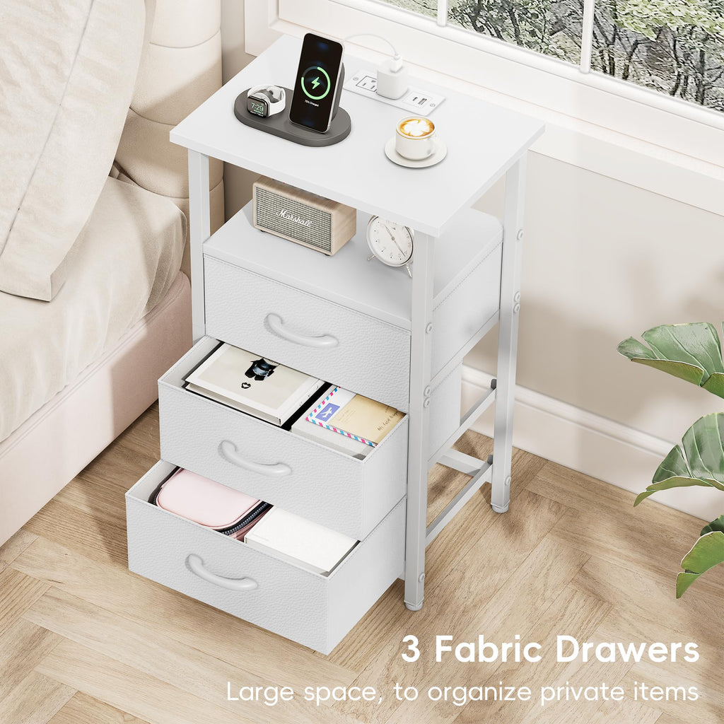 White Nightstand with Charging Station and 3 Fabric Drawers I870