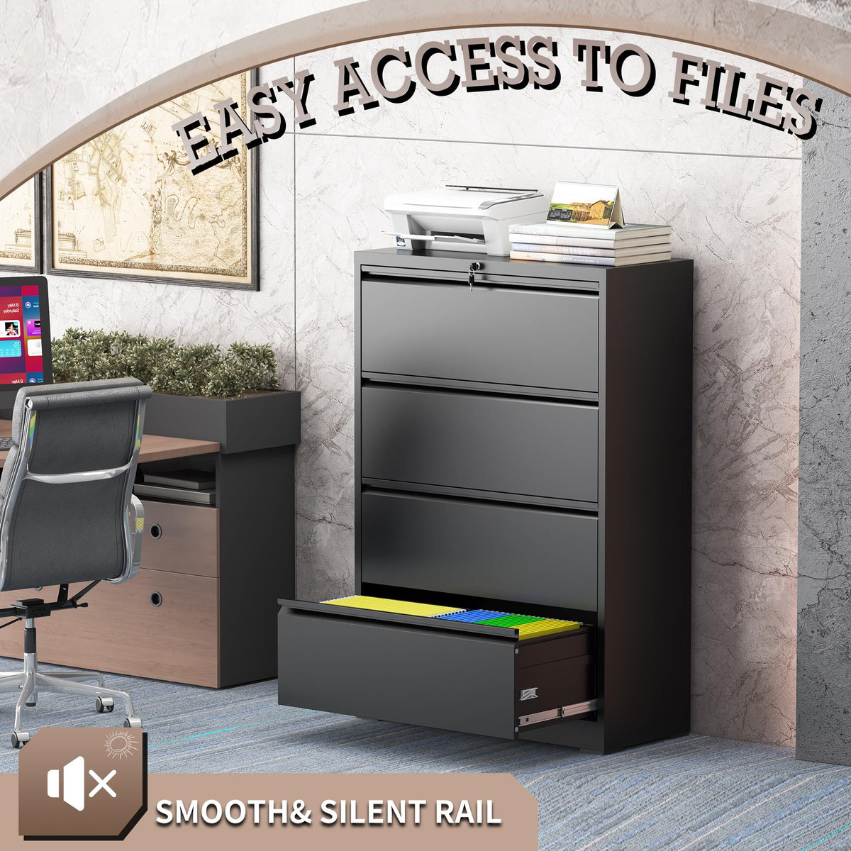 Black 4 Drawer Lateral File Cabinet with Lock E353